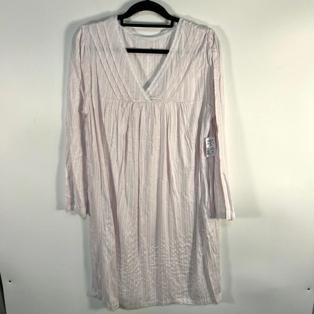 Croft‎ & Barrow Pink White Striped Silver Lurex V-Neck Nightgown women's L NWT